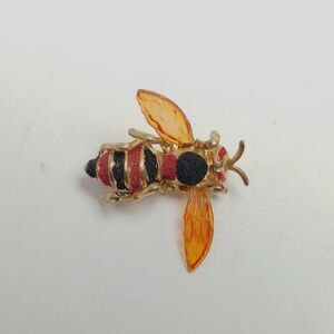 Vintage Orange and Black Bee Hornet Shape Brooch, Insect Bug Lapel Pin, Estate